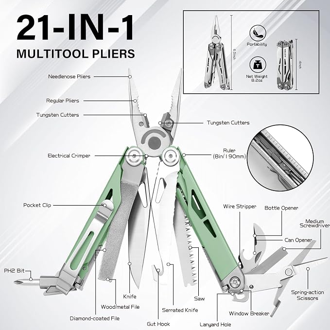 Pro-Grade 21-in-1 Multitool with Pliers & Tungsten Carbide Cutters | Spring Scissors, Window Breaker, Serrated Blade – Heavy Duty EDC Tool for Emergency, Hunting, Fishing, DIY, Mint Green