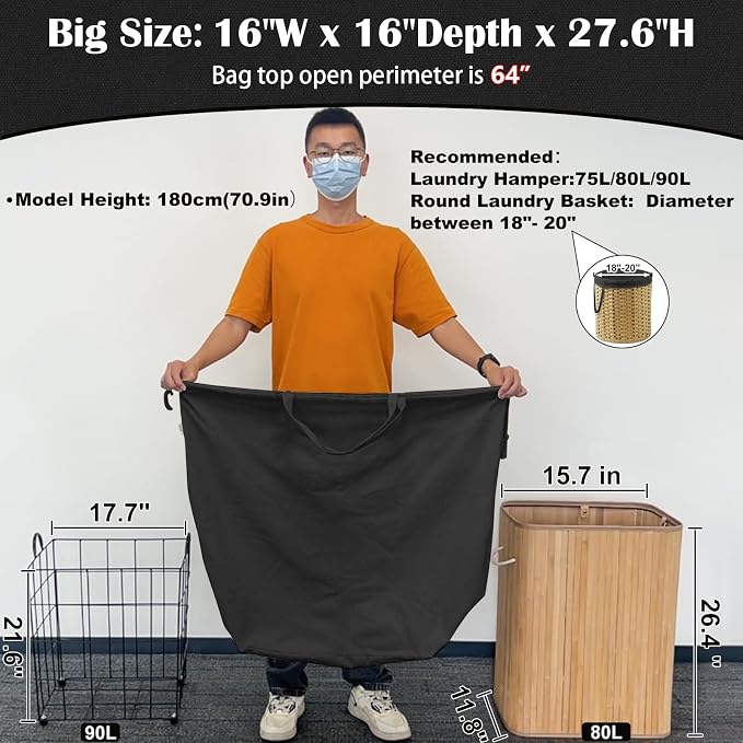 Canvas Laundry Bags with Handles & Square Base 16"Wx16"D x27.6"H, Black | Extra Large Heavy Duty Laundry Basket Hamper Liner Replacement, Washable Drawstring Dirty Clothes Bag, Canvas Storage Sack