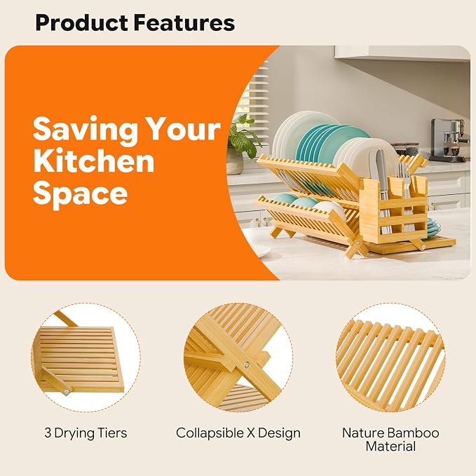 Simple Trending Bamboo Dish Drying Rack, 3 Tier with Utensil Holder | Collapsible Dish Rack, Large Foldable Dish Drainer for Plates, Cups, Bottles, Utensils, Kitchen Counter, Space Saving
