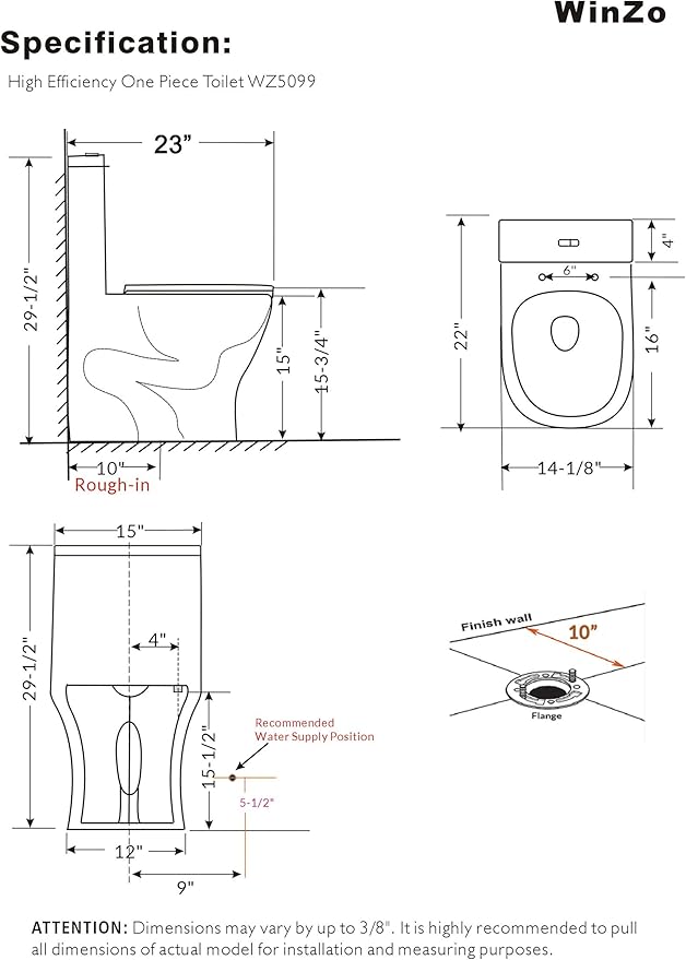 WinZo Small 23 inch One Piece Toilet with 10 inch Rough-in Compact For Compact Short Bathroom,White with Golden Button