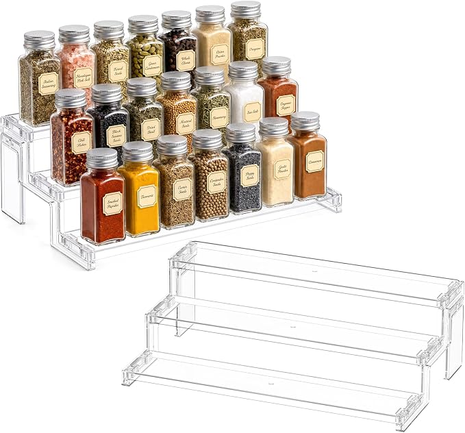 Lifewit Spice Rack, Perfume Cologne Organizer, Cupcake Stand, Tool-Free Assembly, Display Riser Shelf, Seasoning Figurine Makeup Holder, Room Decor, Kitchen Cabinet Storage, Clear, 14in-3 Tier, 2 Pcs
