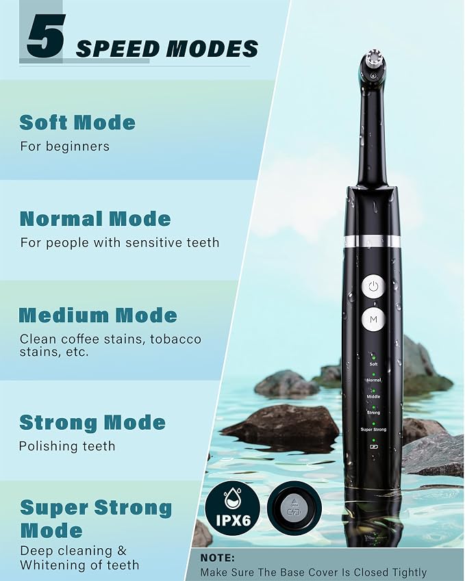 Tooth Polisher, Rechargeable Tooth Whitening Kit for Teeth Cleaning and Whitening, with 3 Tooth Polish Paste and 5 Brush Heads, LED Light, Easy to Use at-Home Personal Dental Care Kit (Black)
