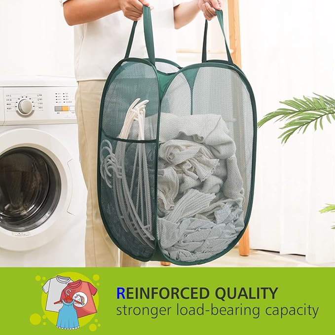 Sturdy Mesh Laundry Hamper Basket Bag,collapsible Pop up for Laundry Room | Folding Foldable Baskets with Side Pocket Travel Clothes Organizer for Bathroom,Kids Room,College Dorm (Vertical,Black)