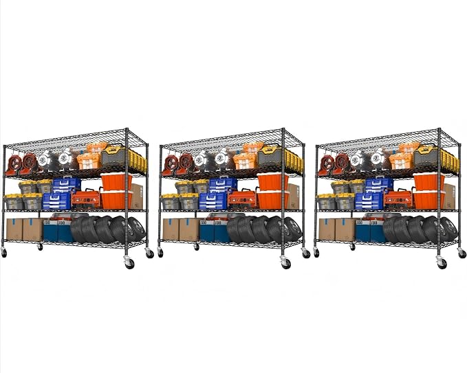 Heavy Duty Garage Shelving with Wheels: 55.5" W x 24" D x 81" H 4 Tier Wire Metal Storage Shelves, Adjustable NSF Commercial Shelf, Rolling Tote Rack Organizer for Pantry, Warehouse, 3PCS