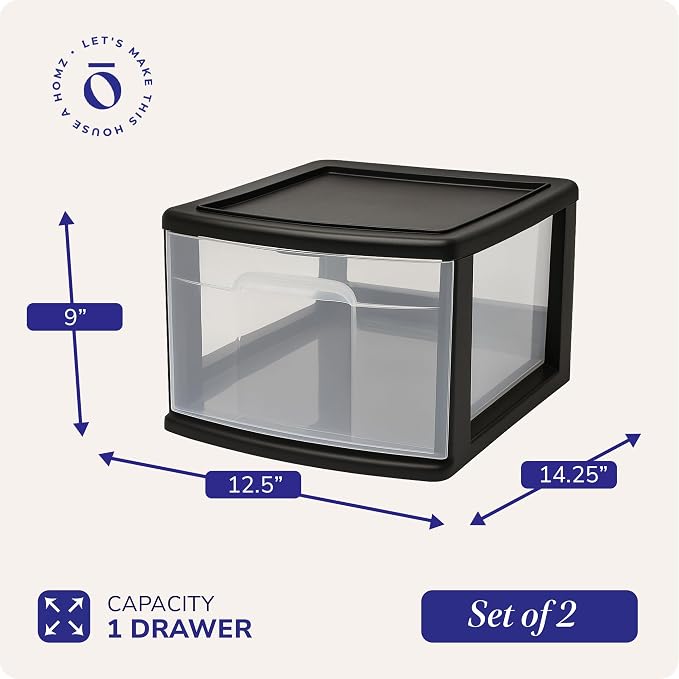 HOMZ 2-Pack 1-Drawer Storage Cart, Clear Plastic Container, 14.25" Wide Medium, Black Frame - Organizing Drawer Containers for Home, Bathroom, Bedroom, Office, and Classroom