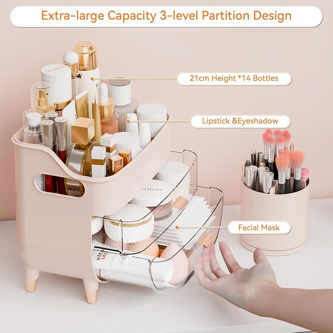 Yieach Countertop Makeup Organizers with Drawers,Handle and Make up Brush Holder,Large Makeup Skincare Organizer for Bathroom Vanity,Cosmetic Display Cases for Hair Tool,Lotion,Skin Care Storage,Pink