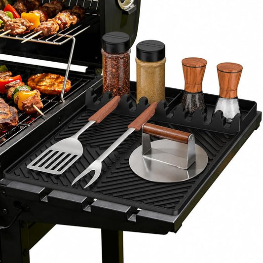 Griddle Mat Barbeque Grill Accessories Tools for Blackstone, Side Shelf Mat Grill Pad for Outdoor Grill Kitchen Counter Spatula Silicone Mat with Drip Pad for Kitchen, Cooking, Countertop (Black)