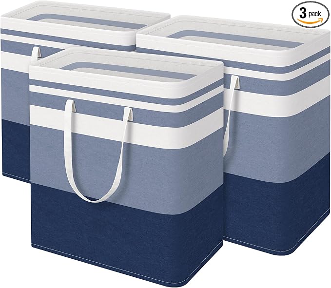 BlissTotes 3-Pack Laundry Basket, Collapsible Laundry Hamper, Blue, 125L | Laundry Clothes Hamper, Hampers for Bedroom, Freestanding Hamper with Handles, Clothes Laundry Basket