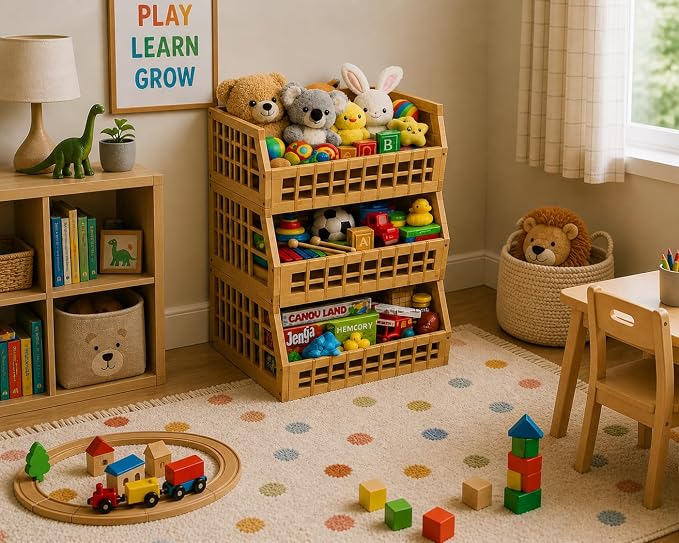 Bamboo Stackable, Open Front, Large Storage Bins - Lattice Design Set of 3