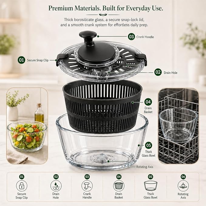Large 5.2 Qt Glass Salad Spinner with Drain,Black | Microwave- and Dishwasher-Safe Glass Bowl, Transparent Lid, Crank Handle, Quick-Spin Salad Cleaner for Lettuce, Herbs & Fruit