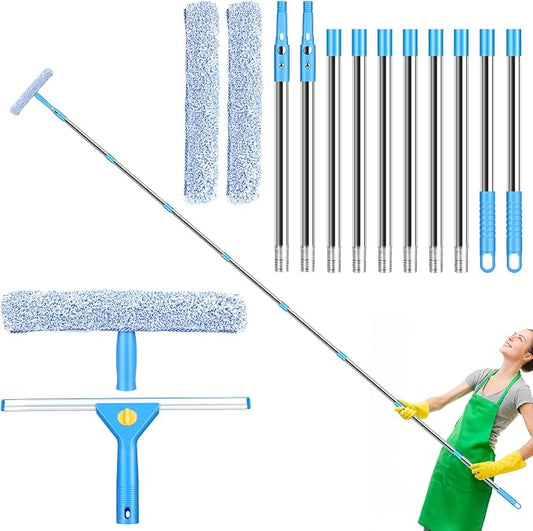 10 Feet Professional Squeegee Window Cleaner Tool with Extension Pole | Car Windshield Cleaning Kit with Long Handle, Queegee & Scrubber, Window Washing Equipment for Indoor Outdoor Windows & Glass