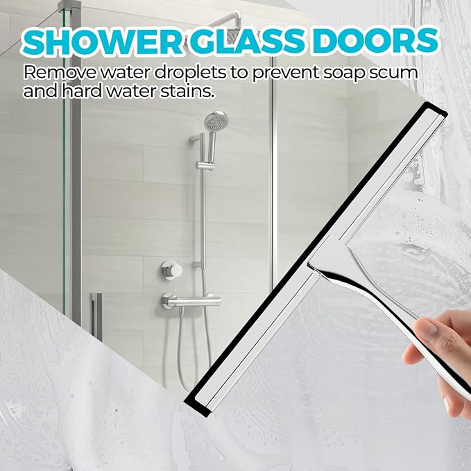 ALFLOD Shower Squeegee for Glass Doors, Tile Walls, Mirrors and Windshields | 10" silver, bathroom accessories, window cleaner, new home essentials, silicone blade, metal handle, adhesive hook