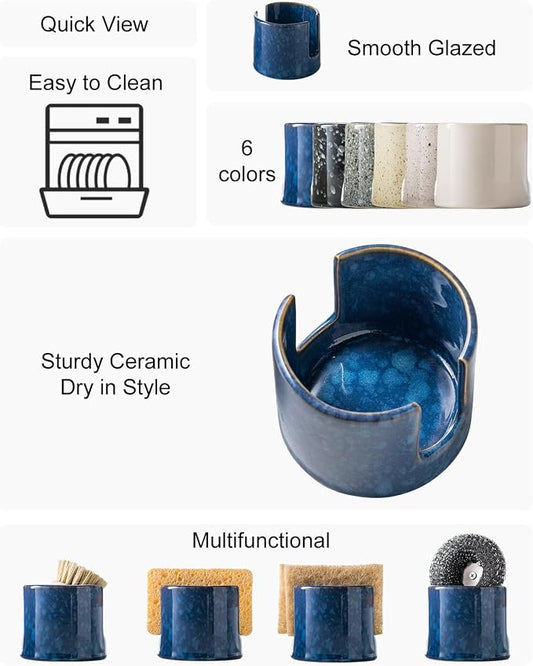 Zoeeker Kitchen Sponge Holder, Ceramic Sponge Organizer Scrubby Holder Sink Caddy Dish Rack for Kitchen and Bathroom, Farmhouse Decor, Blue