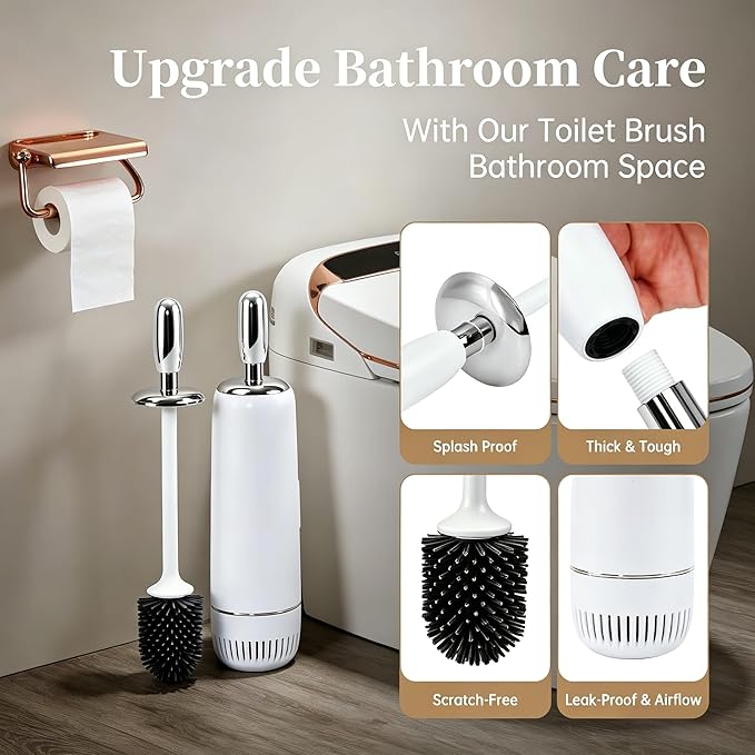 Toilet Bowl Brush and Holder Set, Plunger and Brush Set with Long Handle, High-End Modern Silicone Toilet Brush Set, Non-Scratch, Odor-Free Design(Matte White + Silver, B)