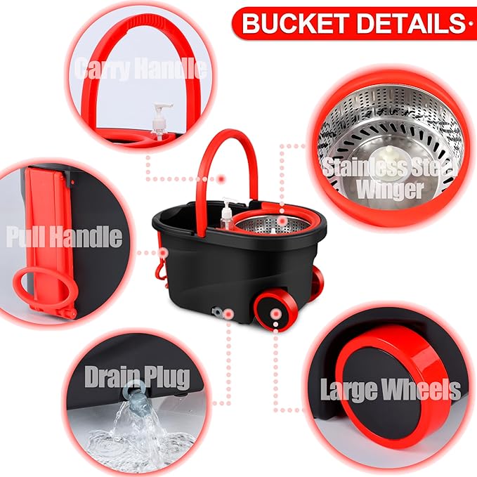 Spin Mop and Bucket with Wringer Set on Wheels, 360° Spinning Mop Bucket System with 3 Microfiber Mop Replacement Heads and 61" Stainless Steel Adjustable Handle for Floor Cleaning