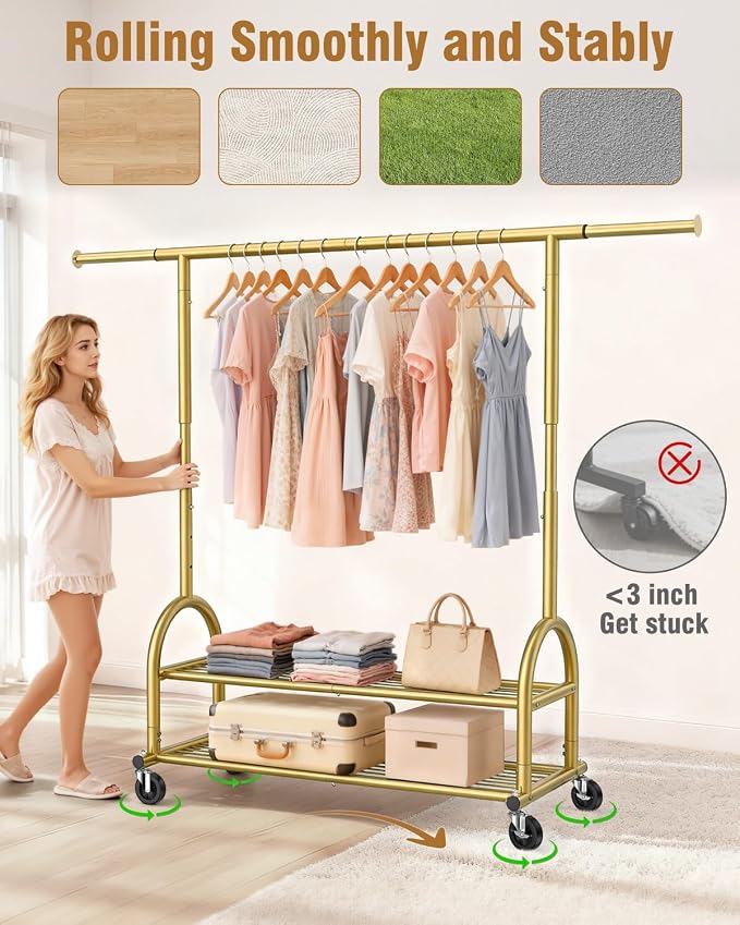EAGMAK Heavy Duty Clothes Rack for Hanging Clothes Load 556 LBS, Height Adjustable Rolling Clothing Racks, Portable Metal Coat Rack Garment Wardrobe with Wheels and Shelves for Bedroom Laundry, Gold