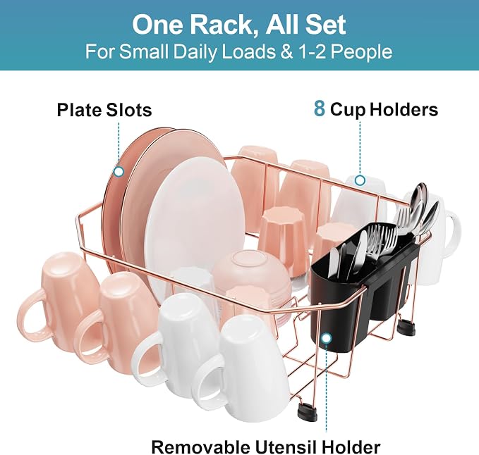 GSlife Small in Sink Dish Drying Rack - Stainless Steel Compact Dish Drainer for RV Kitchen Apartment Sink, Rust Resistant Inside Sink Rack, 1–2 Person Households, 11.6" W x 13.4" L, Rose Gold