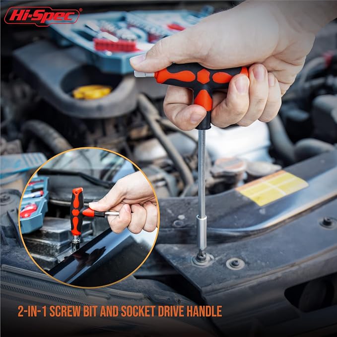 Hi-Spec Compact Auto Garage Tool Kit with Digital Tire Pressure Gauge | 65pc, socket and wrench coverage, roadside fixes, organized box, garage maintenance help, bike and vehicle tasks, quick setup