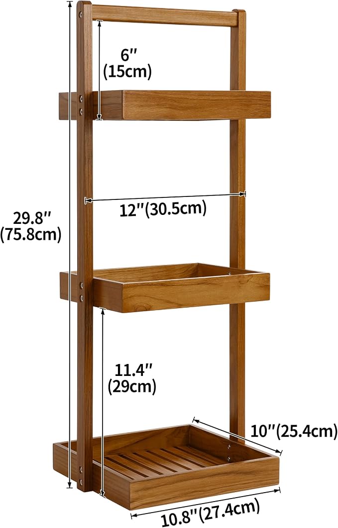Utoplike Teak Shower Caddy Shelf, Freestanding Racks for Bathroom Corner | Standing Shower Organizer, Wooden Storage for Inside Shower, Bath, Office, Stand Up 3 Tier Kitchen Desktop Organization