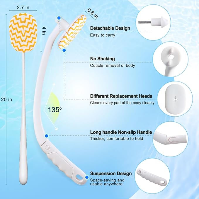 Celestite 20” Long Handle Shower Brush for Body, Back Scrubber for Shower with 3 Pcs Brush Heads, Exfoliation and Improved Skin Health Suitable for Women, Men, Elderly (White)