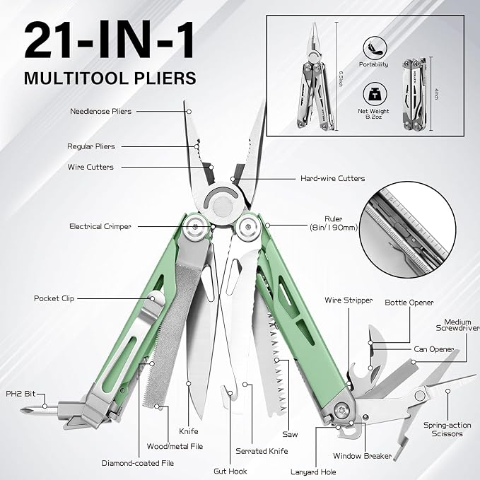 Multitool, 21-in-1 Multi Tool Pliers with Nylon Sheath | Safety Locking & Spring-Action Scissors Heavy-duty Stainless Steel Set for Work, Home, Garden, DIY & Auto, Mint Green