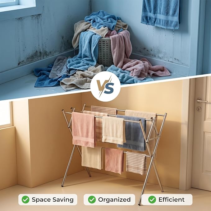 Drying Rack for Clothes, Compact 4 Drying Poles Foldable Laundry Rack, Stainless Steel Portable Clothes Airer for Towels, Baby Clothes, Bibs & Swimsuits, for Balcony & Laundry Room Use, Silver