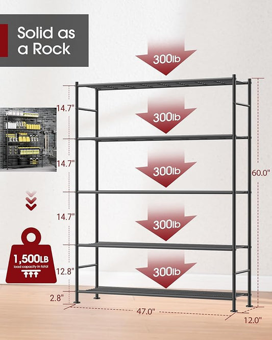 Sakugi Storage Shelves - 5 Tier Shelf Organizer, Sturdy Metal Garage Shelving with Adjustable Leveling Feet, Space-Saving Shelves Organizer for Pantry, Laundry, Kitchen (47" x 12" x 60", Black)