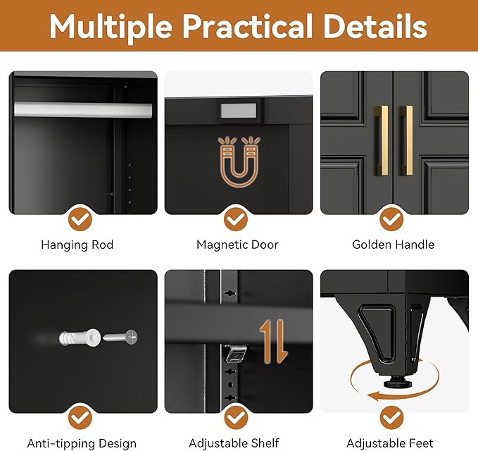 Polup Metal Armoire Wardrobe Closet with Hanging Rod, 71" Tall Wardrobe Cabinet for Clothes, Black Clothing Storage Cabinet with Doors and Shelves, Large Wardrobes for Bedroom, Office, School, Gym