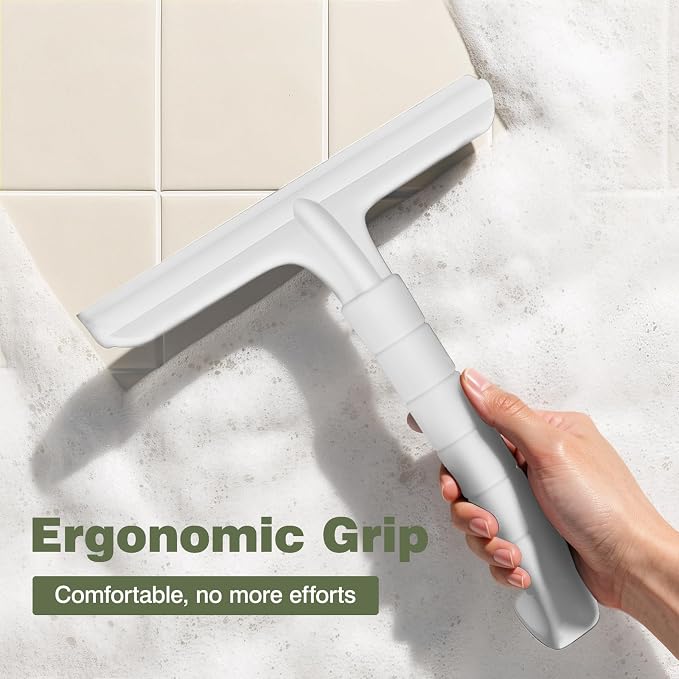 Roylvan Silicone Shower Squeegee, All-in-One Shower Squeegee for Glass Doors with Built-in Hook, Household Window Mirror Cleaner for Bathroom Glass Kitchen Tile Wall Car, White