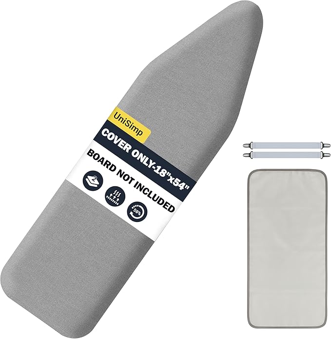 UniSimp Ironing Board Cover and Pad 18"x54" Extra Thick Natural Cotton, Scorch and Stain Resistant Iron Board Cover, Extra Large Iron Board Cover with Fasteners Heavy Duty Heatproof Elastic Edge Gray