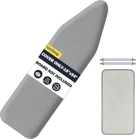 UniSimp Ironing Board Cover and Pad 18"x54" Extra Thick Natural Cotton, Scorch and Stain Resistant Iron Board Cover, Extra Large Iron Board Cover with Fasteners Heavy Duty Heatproof Elastic Edge Gray
