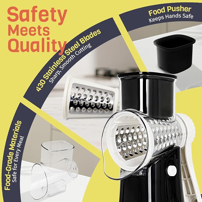5-in-1 Rotary Cheese Grater Hand Crank, Vegetable Slicer Shredder with 5 Interchangeable Blades, Graters for Kitchen, Safe Kitchen Tool for Cheese, Nuts, Chocolate, Black