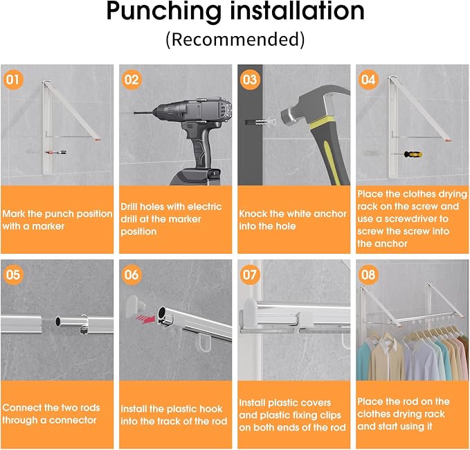 Folding Clothes Hanger Rack Wall mounted for Laundry Clothes Drying Rack | Foldable Hanger Rack Laundry Hanger Dryer Rack, Easy to Install, Closet Storage Organization, Space Saving White, 2 pcs &1Rod