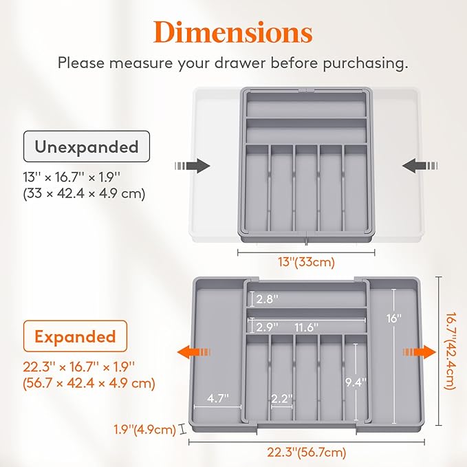 Lifewit Silverware Drawer Organizer, Expandable BPA Free Plastic Utensil Tray for Kitchen, Adjustable Flatware Cutlery Holder for Spoons Forks Knives, 13-22.3 x 16.7", Gray