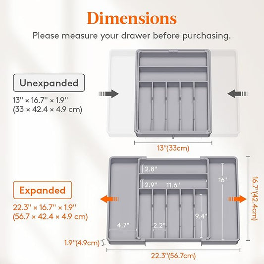 Lifewit Silverware Drawer Organizer, Expandable BPA Free Plastic Utensil Tray for Kitchen, Adjustable Flatware Cutlery Holder for Spoons Forks Knives, 13-22.3 x 16.7", Gray