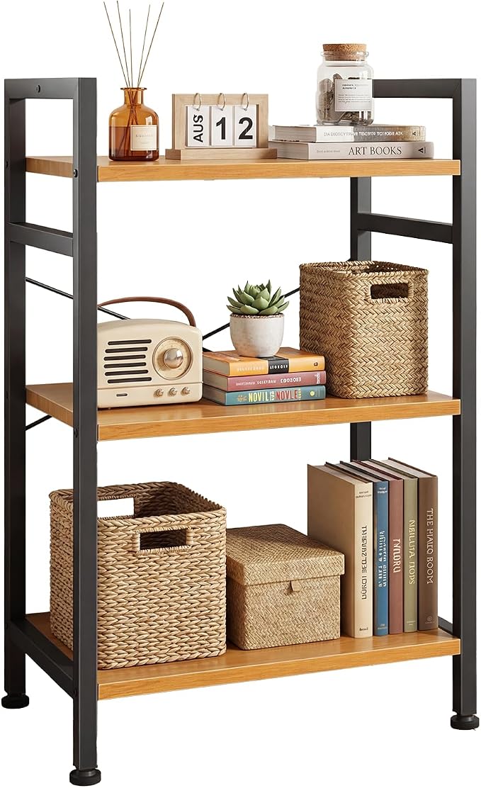 DUMOS 3 Tier Bookshelf, Home Office Bookcase Shelf Storage Organizer | Free Standing Open Display Storage Shelving Unit for Bedroom, Living Room Wood