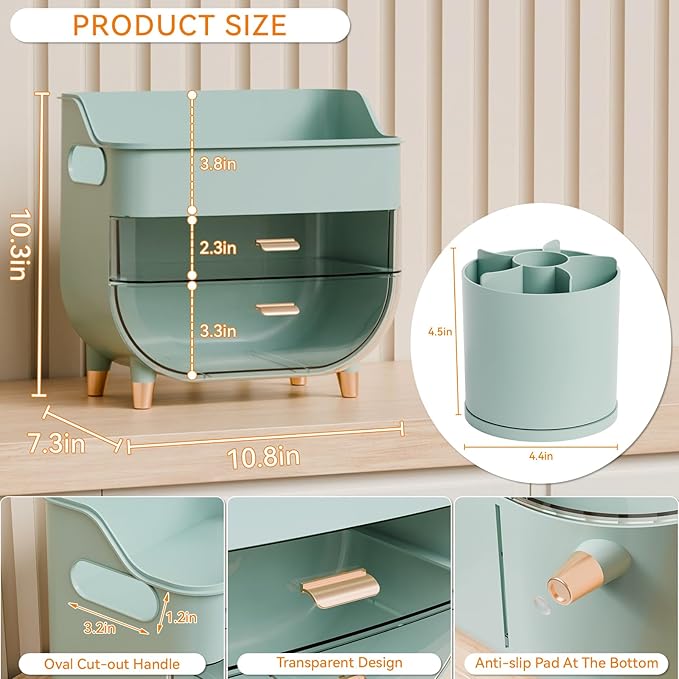 Yieach Countertop Makeup Organizers with Drawers,Handle and Make up Brush Holder,Large Makeup Skincare Organizer for Bathroom Vanity,Cosmetic Display Cases for Hair Tool,Lotion,Skin Care Storage,Green