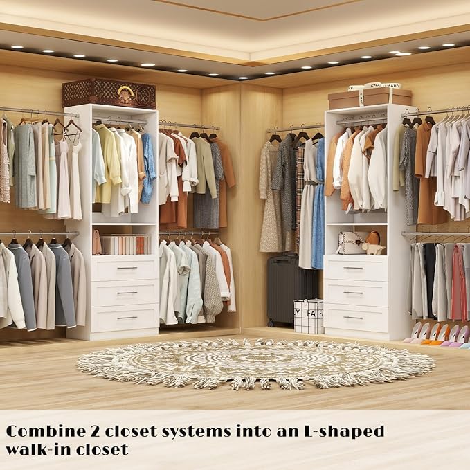 Closet System, 4FT-9FT Closet Organizer System with 3 Wooden Drawers Walk-in Closet Storage System with 5 Expandable Hanging Rods Wall Mount White