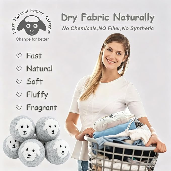 Budieggs Wool Dryer Balls XL 6-Pack, 100% New Zealand Wool Handmade | Chemical-Free Natural Fabric Softener Reusable, Reduces Wrinkles, Tangling, Drying time & Static Cling, Lasts 1000+ Loads