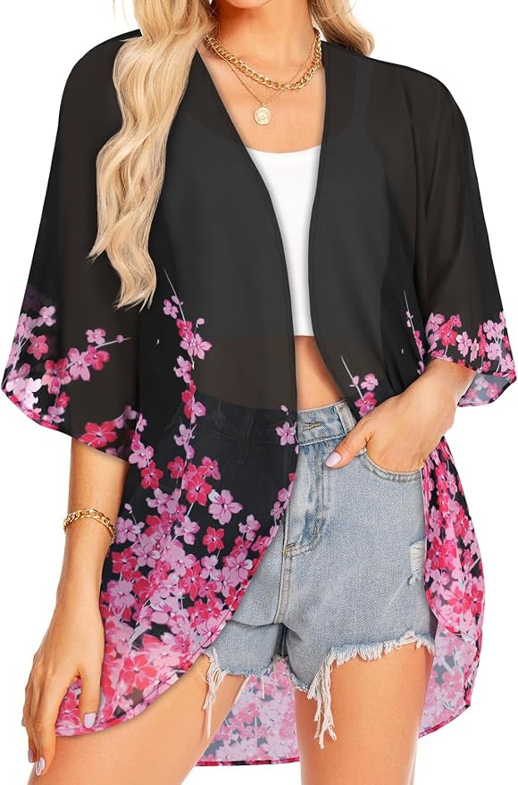 Women Kimono Cardigans Summer Cover Up Hawaiian Shirts Floral Print Tops | ROSEMIA chiffon kimono open front cardigans, beach cover ups, daily casual tops, cruise outfits, summer resort wear