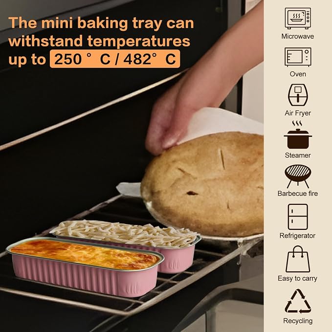 Mini Cake Pans with Lids and Spoons 200 Pack, Mini Loaf Pans with lids 6.8oz, Small Disposable Aluminum Foil Loaf Pans, Rectangular Baking Container for Party, Picnics and Birthday (Pink)