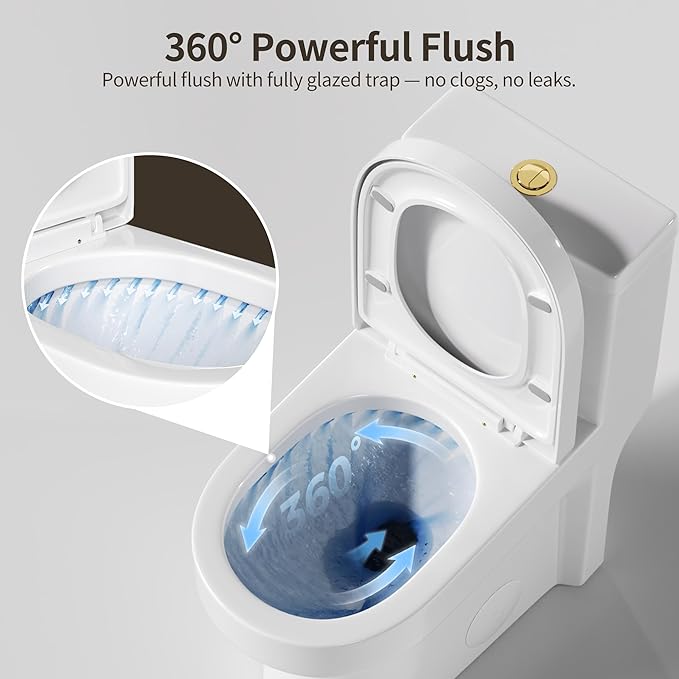 DeerValley Small One Piece Toilet with Soft Closing and Seat Gold Flush Button 12 Inch Rough-In Compact Toilets for Tight Spaces