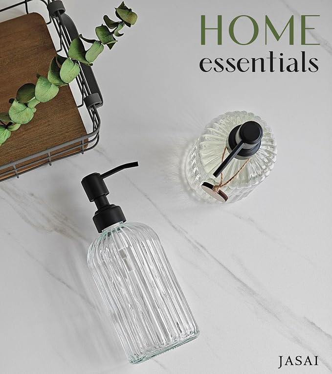 JASAI 18Oz Simple Glass Soap Dispenser with Black Rust Proof Pump. | Refillable Kitchen soap Dispenser with Vertical Stripe, Bathroom Soap Dispenser for Dispense Hand soap, Dish Soap, Lotion.