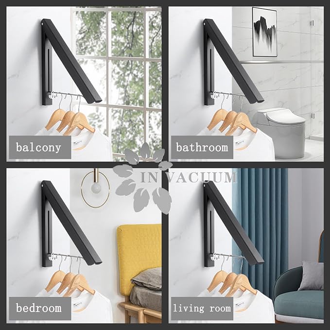 Clothes Drying Rack, Laundry Racks for Drying Clothes, Foldable Retractable | Wall Mounted Retractable Clothes Hanger for Laundry Room, Garage, Indoor & Outdoor Use, Aluminum (1 Racks, Black)