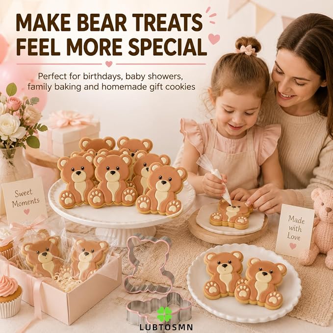 LUBTOSMN Bear Cookie Cutter, 3.5 Inch Silicone Rim Baking Cutter | Dishwasher-safe stainless steel cutter for cookies, fondant, sandwiches, bear parties and home baking treats.