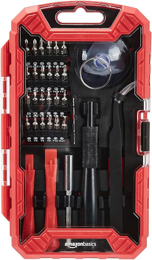 Amazon Basics Precision Screwdriver Set, 32-Piece Electronics Repair Tool Kit for Laptops, Smartphones, Eyeglasses, Watches, Magnetic Tip, Red