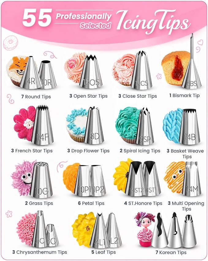 RFAQK 200PCs Cake Decorating Kit with Cake Turntable & Leveler, Baking Supplies Gift Includes 110+1 Piping Bags,55 Icing Tips,2 Frosting Spatulas, Adjustable Scraper, Complete Video Course & much more