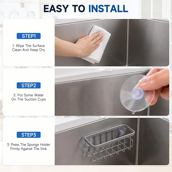 Sponge Holder for Kitchen Sink - Rustproof Coated Sink Caddy with 2 Side Hooks | Heavy Duty Suction Cup In-Sink Organizer for sponge, Scrubber & Stopper, Silver