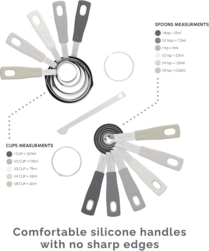 CuttleLab Measuring Cups and Measuring Spoons Set of 14 - Stainless Steel Measuring Cups and Spoons Set, Includes 1/8 Teaspoon Measuring Spoon, 1/8 Cup Measuring Cup, Leveler Dry (14, Charcoal)