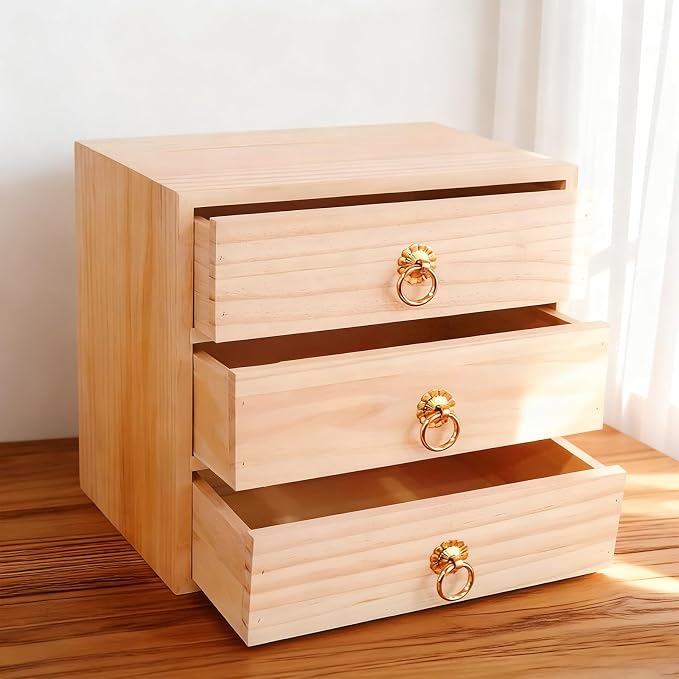 3 Layer Natural Wooden Storage Box Organizer Desk Accessories | Efficient Office Storage Drawers Cabinet Organizer Box Tabletop Organizer with Metal Handle for Home Office Counter Kitchen